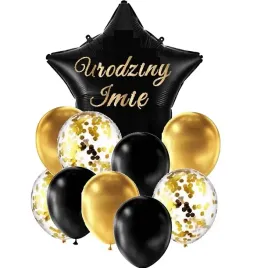 balony-na-urodziny-czarne-zlote-konfetti-imie