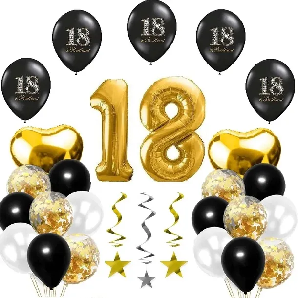 Zestaw balony CZARNE ZŁOTE 18 LAT na OSIEMNASTKĘ