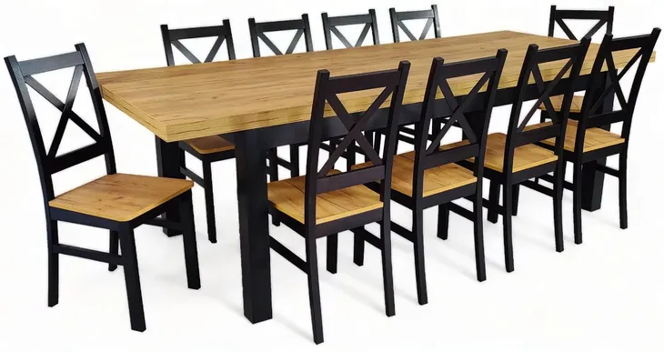 Stół duży i 10 krzeseł Czarny + Dąb Craft 100x200 rozkładany do 300 cm
