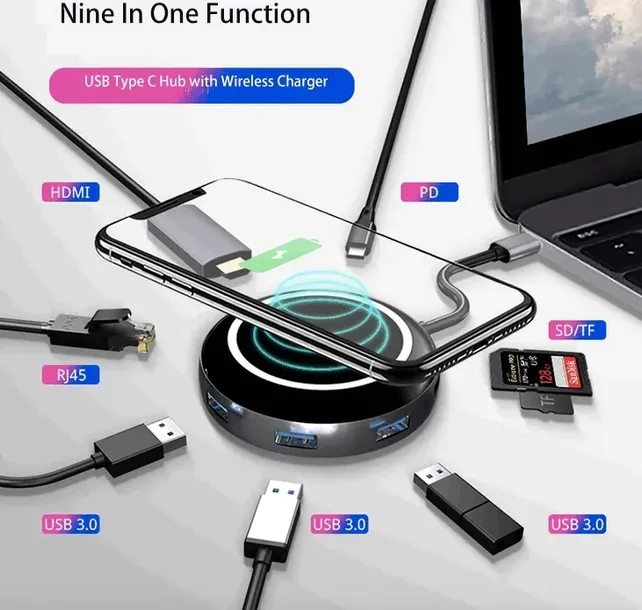 ladowarka-indukcja-adapter-usb-c-hub-3-0-hdmi-lan-stan-nowy-marka-pawonik