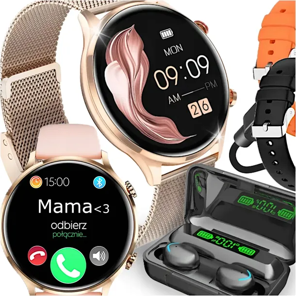 SMARTWATCH DAMSKI Zegarek ROZMOWY WODOODPORNY MENU PL 4 paski +SŁUCHAWKI