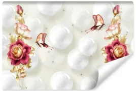 fototapeta-do-sypialni-roze-kwiaty-motyle-kule-abstrakcja-efekt-3d-450x300