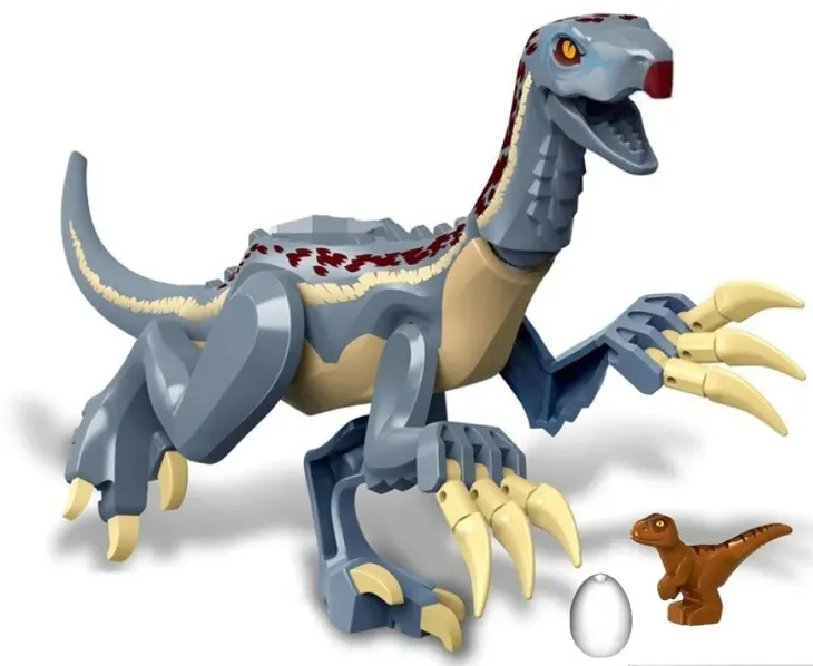 DINOZAUR THERIZINOSAUR 28cm + mały DINO i jajo KLOCKI naklejka JURASSIC