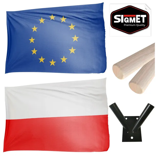 FLAGA POLSKI + UE CZARNY uchwyt flagi maszt duży