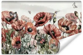 fototapeta-do-jadalni-kwiaty-maki-motyle-ptaki-styl-vintage-natura-450x300
