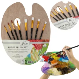 paletka-malarska-drewniana-paleta-pedzle-zestaw-pedzli-plaskie-okragle-8szt