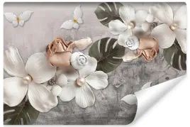 fototapeta-do-salonu-kwiaty-roze-liscie-beton-mural-perly-efekt-3d-450x300