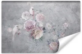 fototapeta-scienna-do-salonu-papugi-kwiaty-roze-beton-abstrakcja-135x90