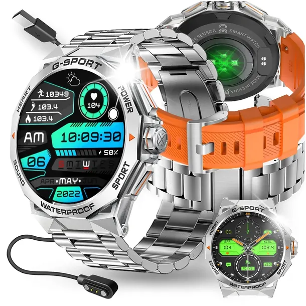 SMARTWATCH ZEGAREK MĘSKI MENU POLSKIE CIŚNIENIE PULS ROZMOWY AMOLED 2 PASKI