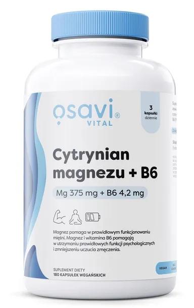Osavi MAGNEZ Cytrynian Magnezu 375 mg + B6 4,2 mg 180 kaps MIĘŚNIE Skurcze