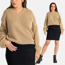sweter-damski-dzianinowy-luzny-krotki-dekolt-w-serek-sciagacze-brazowy-l