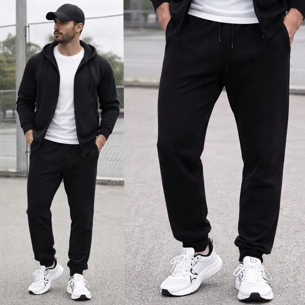 Spodnie Dresowe Męskie z Bawełną Joggery Gładkie z Kieszeniami Czarne XL