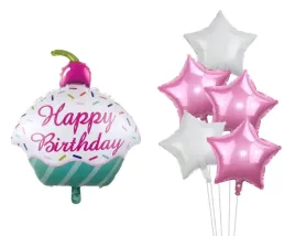 balony-urodzinowe-rozowe-biale-gwiazdy-ciastko-donut-paczek-urodziny-roczek