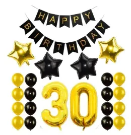 zestaw-balony-30-urodziny-trzydziestka-czarne-zlote-baner-gwiazdy-balonow