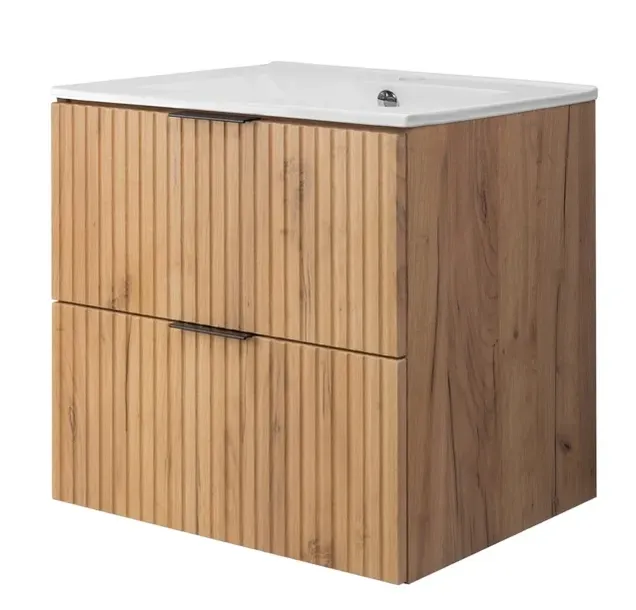 Szafka Łazienkowa Wisząca z Umywalką 60 cm Dąb Zestaw RYFLOWANY front MDF