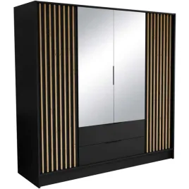 szafa-czarna-garderoba-uchylna-czterodrzwiowa-lamele-lustrem-200x200x51-cm