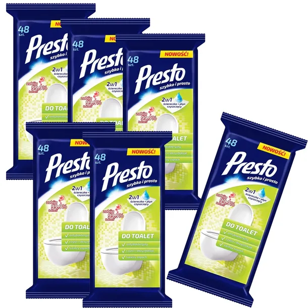 6x PRESTO Ściereczki Nawilżane Do Czyszczenia Toalet WC Dezynfekcja 48 szt