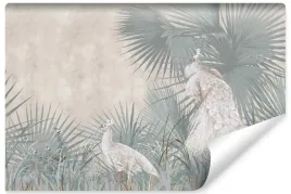 fototapeta-scienna-biale-pawie-ptaki-natura-liscie-tropikalne-retro-450x300