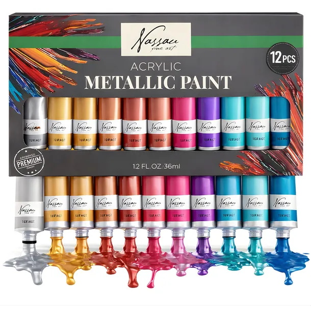 ZESTAW FARB METALICZNYCH 12X36 ML W TUBCE AKRYLOWA FARBA METALICZNA ZŁOTA