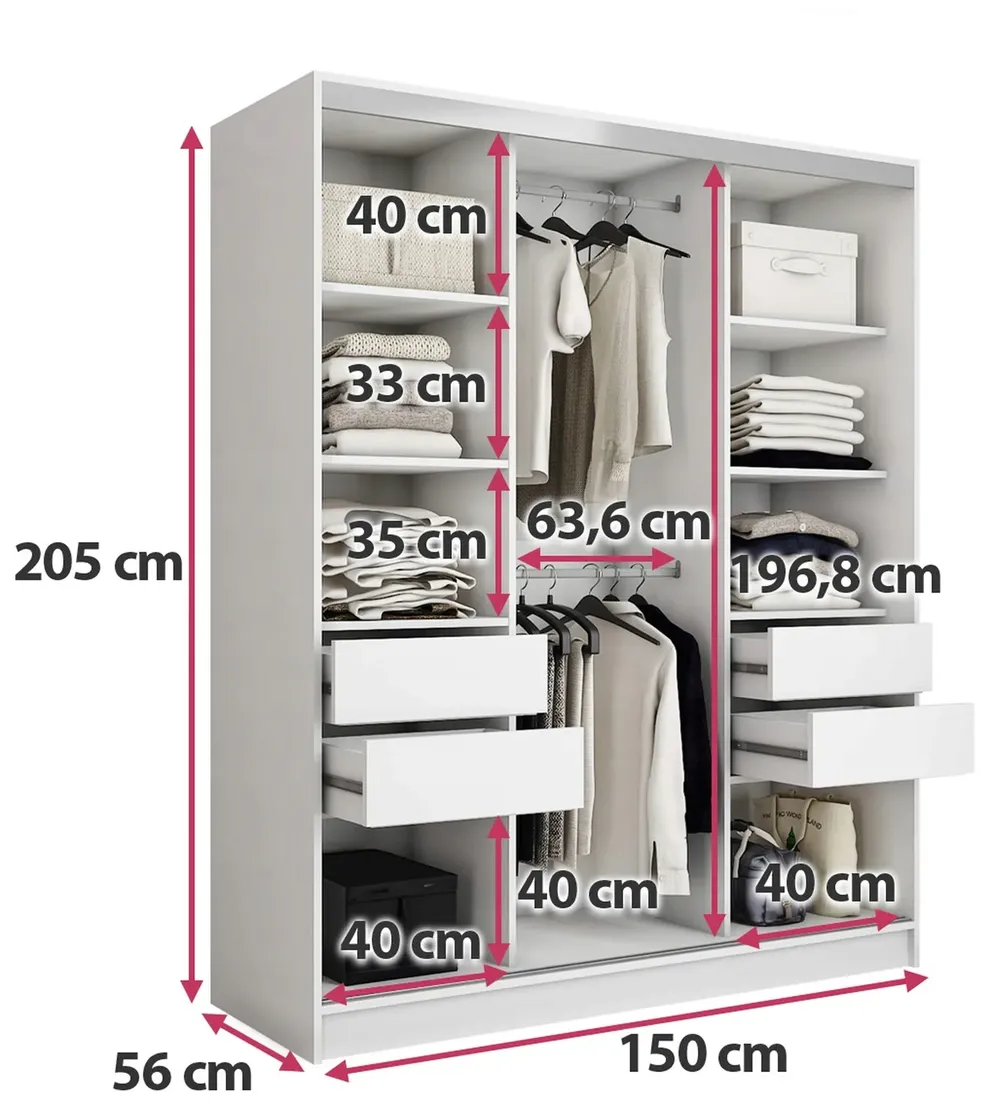 biala-szafa-przesuwna-150-cm-top-z-szufladami-drazki-polki-stan-nowy
