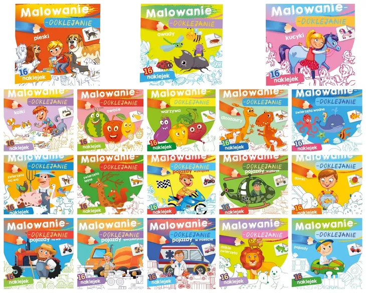 22x MALOWANIE doklejanie MALOWANKA KOLOROWANKA ZESTAW + NAKLEJKI