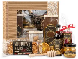 box-zestaw-prezentowy-prezent-kawa-miod-syrop-czekolada-baton-migdaly-kraft