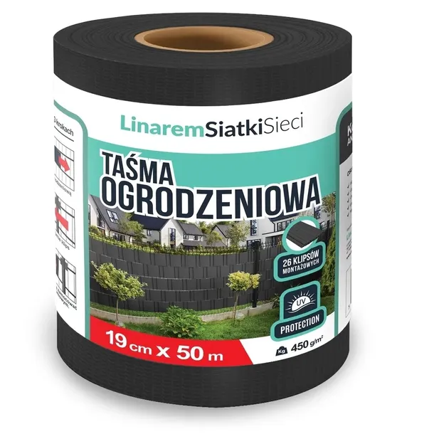 TAŚMA OGRODZENIOWA 19cm x 50m OSŁONA MATA NA OGRODZENIA CZARNA + KLIPSY