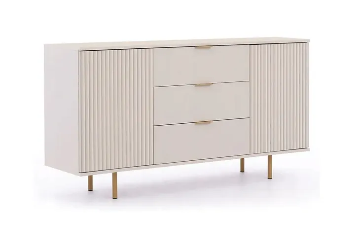 Komoda NUBIA 150cm dwudrzwiowa z szufladami, ryflowana, beżowa/złote nóżki