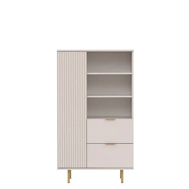 Regał NUBIA 80cm z szufladami, ryflowany, beżowy/złote nóżki