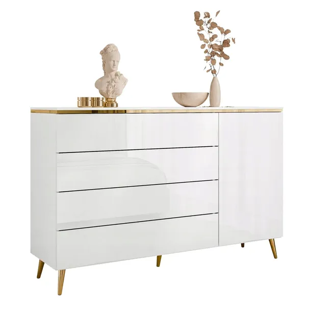 Komoda z szufladami AURORA biały połysk na nóżkach onyx złotych 4S1D