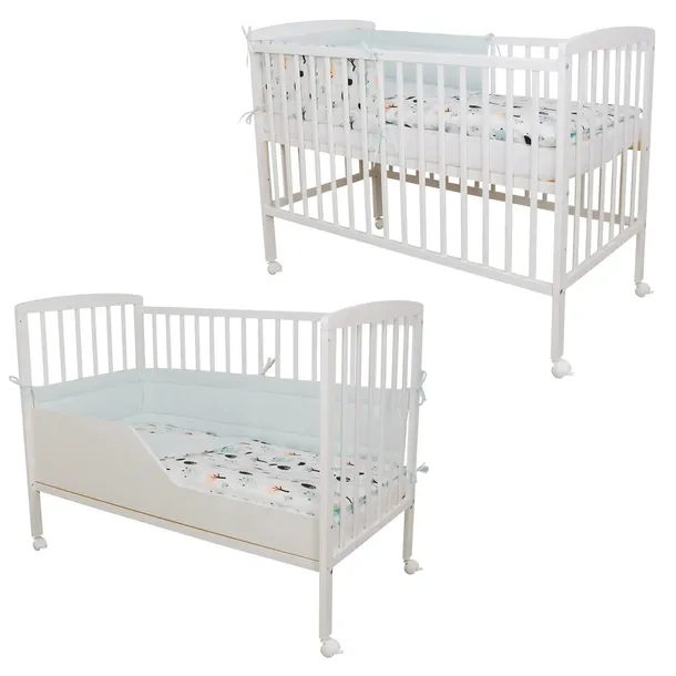 Łóżeczko 3w1 Kacper 120x60 + materac, pościel, kółka, barierka, gryzaki