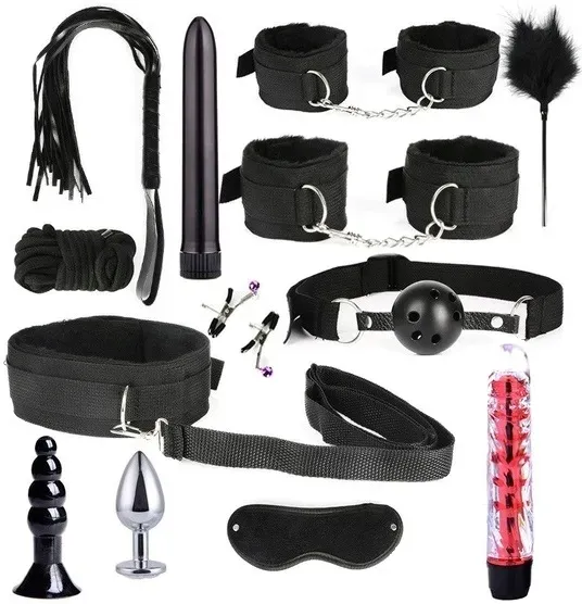 MEGA ZESTAW BDSM 14 ELEMENTÓW KAJDANKI KNEBEL PLUG PEJCZ KOREK 2 WIBRATORY!