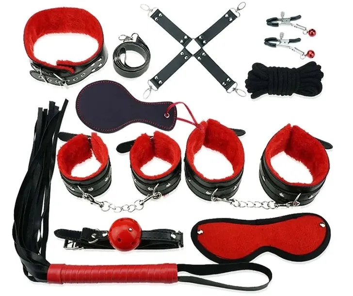 ZESTAW BDSM BONDAGE 12 ELEMENTÓW PEJCZ KNEBEL PAS MASKA LINKA ZACISKI SMYCZ