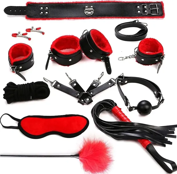 ZESTAW BDSM BONDAGE 11 ELEMENTÓW PEJCZ KNEBEL PAS KNEBEL KAJDANKI