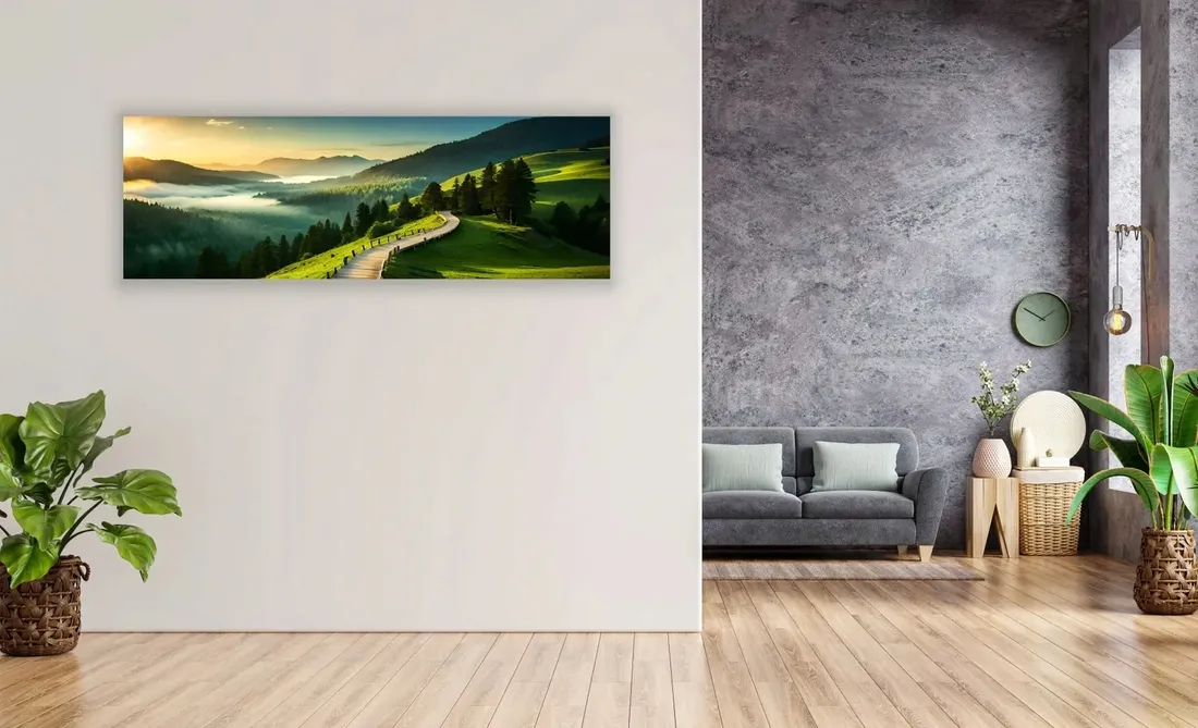 obraz-na-plotnie-panoramiczny-scienny-panorama-gor-mgla-drozka-120x40