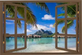 naklejka-na-sciane-do-salonu-widok-przez-okno-bora-bora-palmy-ocean-150x100