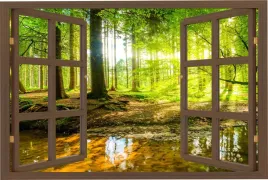 naklejka-do-salonu-scienna-okno-las-drzewa-slonce-natura-150x100