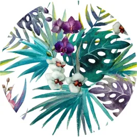 fototapeta-samoprzylepna-okragla-naklejka-scienna-liscie-palmy-kwiaty-kolor