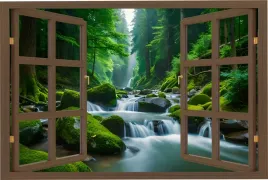 naklejka-na-sciane-do-salonu-sypialni-okno-wodospad-mroczny-las-150x100
