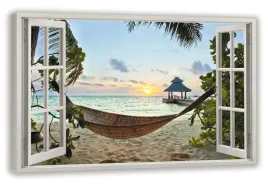 obraz-widok-przez-okno-hamak-plaza-ocean-120x80