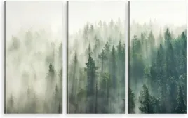 obraz-na-plotnie-tryptyk-na-sciane-do-salonu-mglisty-las-natura-drzewa-mgla