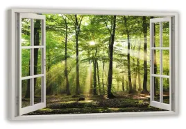obraz-okno-3d-widok-przez-okno-las-drzewa-slonce-120x80-canvas-na-sciane