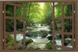 naklejka-na-sciane-do-salonu-sypialni-okno-wodospad-w-lesie-potok-90x60