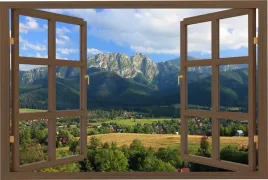 naklejka-na-sciane-do-salonu-widok-przez-okno-zakopane-tatry-gory-150x100