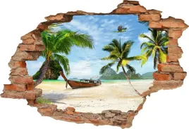 fototapeta-3d-samoprzylepna-naklejka-dziura-w-scianie-plaza-palmy-lodki