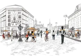 fototapeta-do-sypialni-fizelina-stare-miasto-szkic-na-sciane-152x106