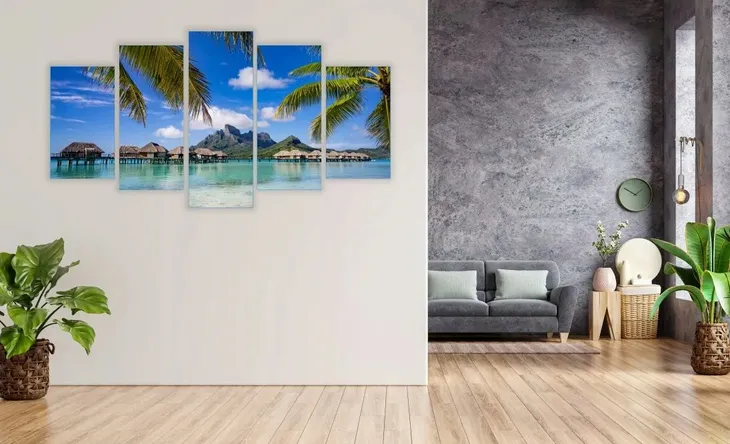 tryptyk-5-cz-na-plotnie-bora-bora-palmy-ocean-format-poziomy