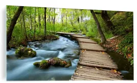 obraz-na-szkle-scienny-do-salonu-mostek-w-lesie-las-potok-natura-100x50
