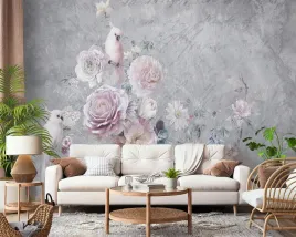 fototapeta-winylowa-eleganckie-kwiaty-ptaki-beton