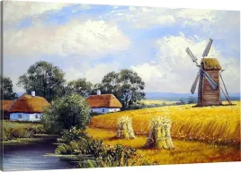 obraz-na-plotnie-wies-mlyn-pole-zboze-110x70-hit